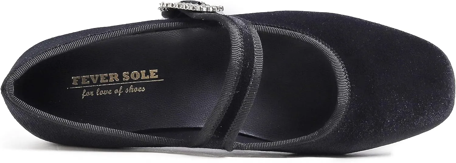 FEVERSOLE Women's Mary Jane Fashion Square Toe Easy Buckle Low Heel Slip On Flats