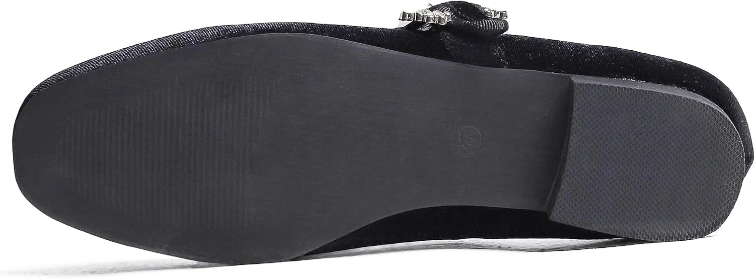 FEVERSOLE Women's Mary Jane Fashion Square Toe Easy Buckle Low Heel Slip On Flats