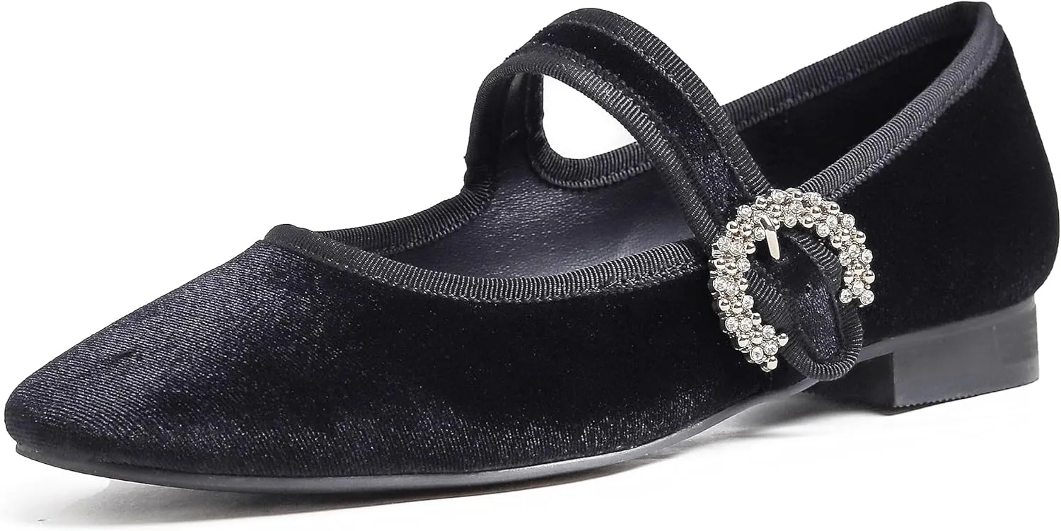 FEVERSOLE Women's Mary Jane Fashion Square Toe Easy Buckle Low Heel Slip On Flats