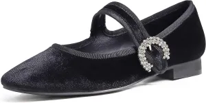 FEVERSOLE Women's Mary Jane Fashion Square Toe Easy Buckle Low Heel Slip On Flats
