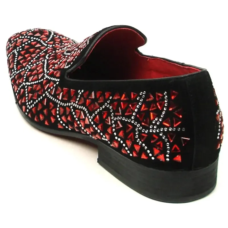 Fiesso FI-7415 Black Suede Red Stone Loafers