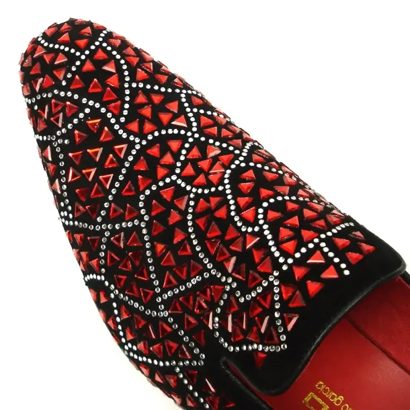 Fiesso FI-7415 Black Suede Red Stone Loafers