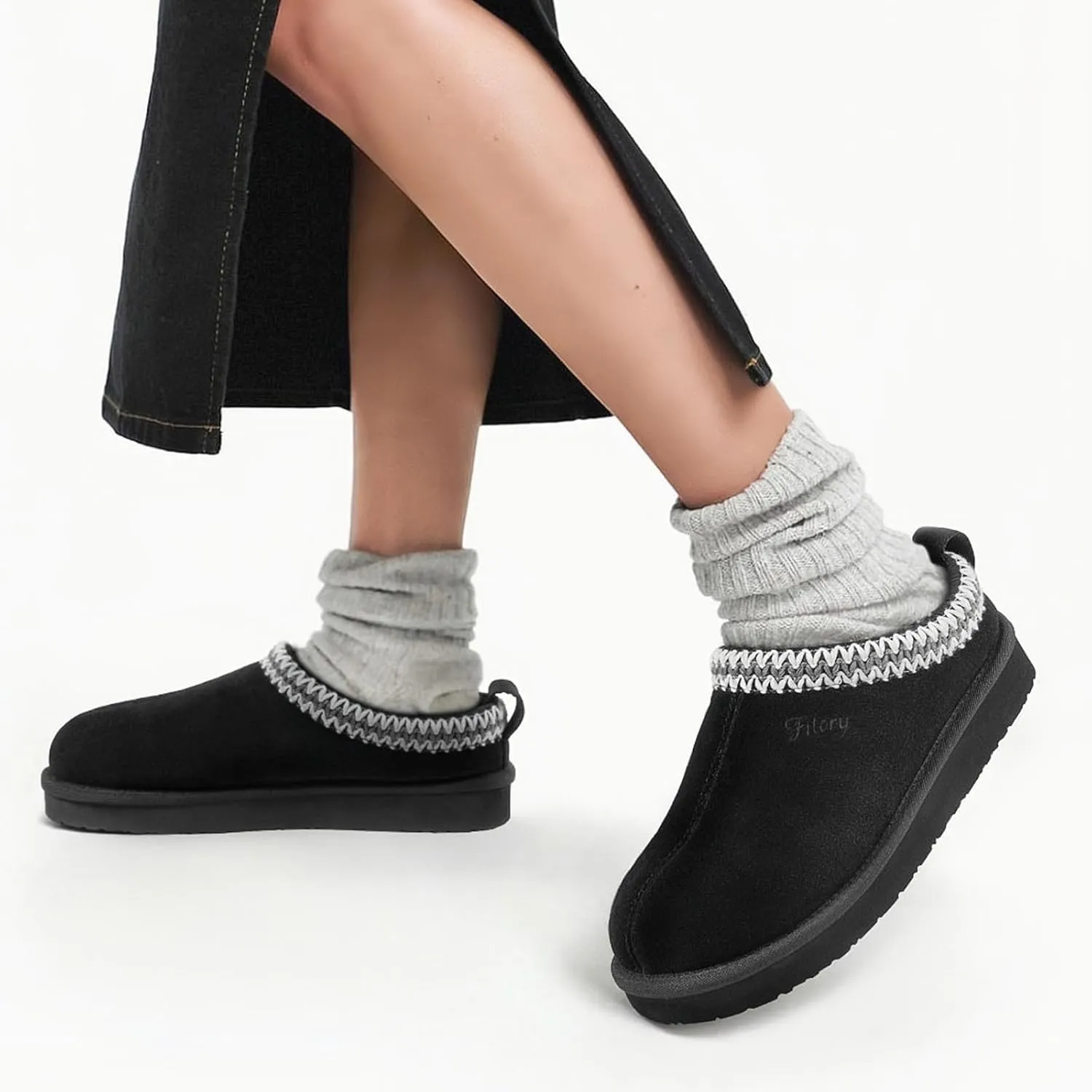 FITORY Women's Suede Slipper | Flat Short Mini Boots with Fur Fleece | Winter Casual Comfort Shoes