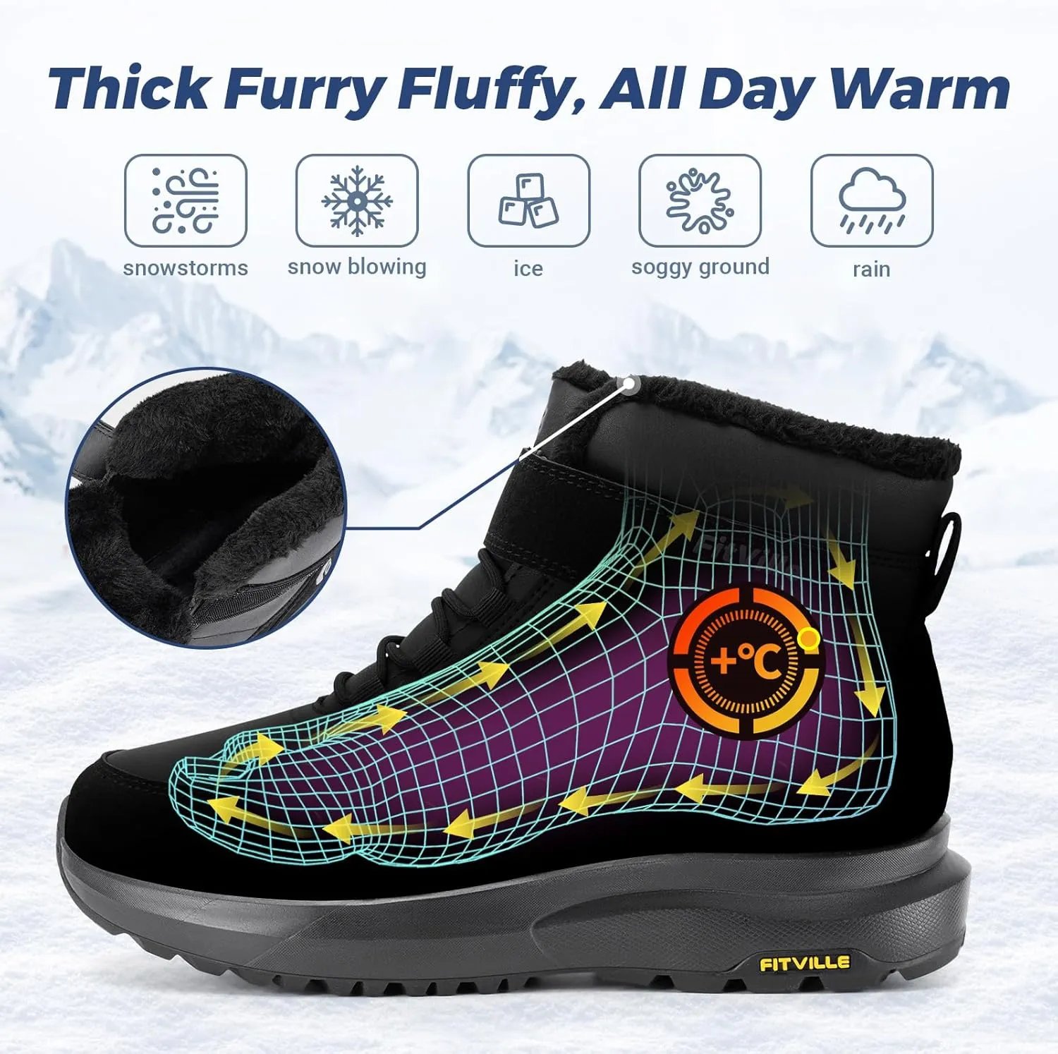 FitVille Wide Width Mens Winter Boots Fur Lined Extra Wide Snow Boots Lightweight Non Slip Hiking Boots Outdoor Diabetic Shoes for Flat Feet