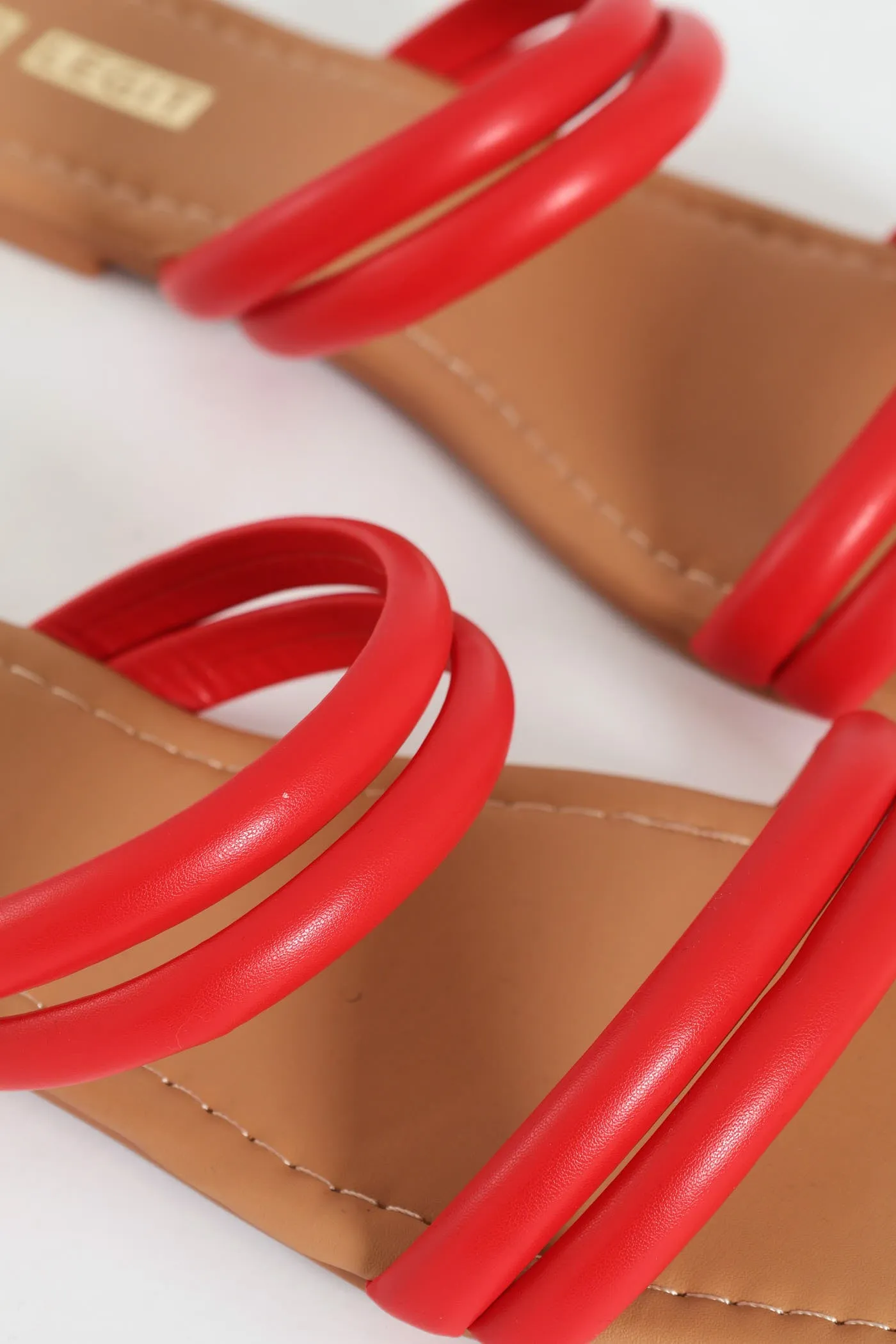 Flat Double Multistrap Tubular Mule Sandal With Gold Toe - Red
