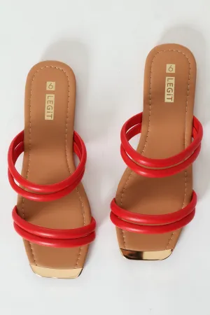 Flat Double Multistrap Tubular Mule Sandal With Gold Toe - Red
