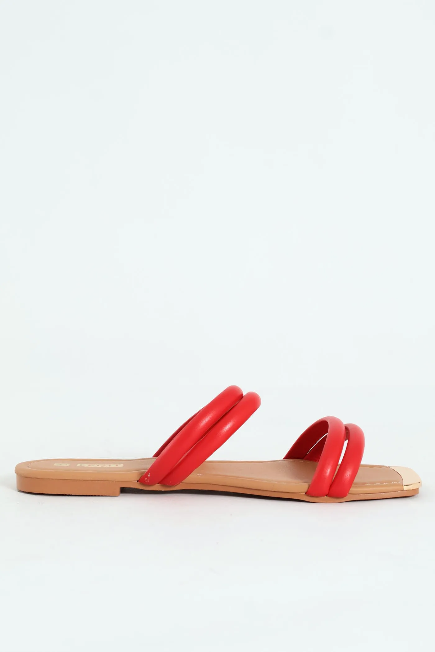 Flat Double Multistrap Tubular Mule Sandal With Gold Toe - Red