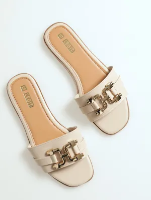 Flat One Strap Push In Sandal With Link Trim - Cream