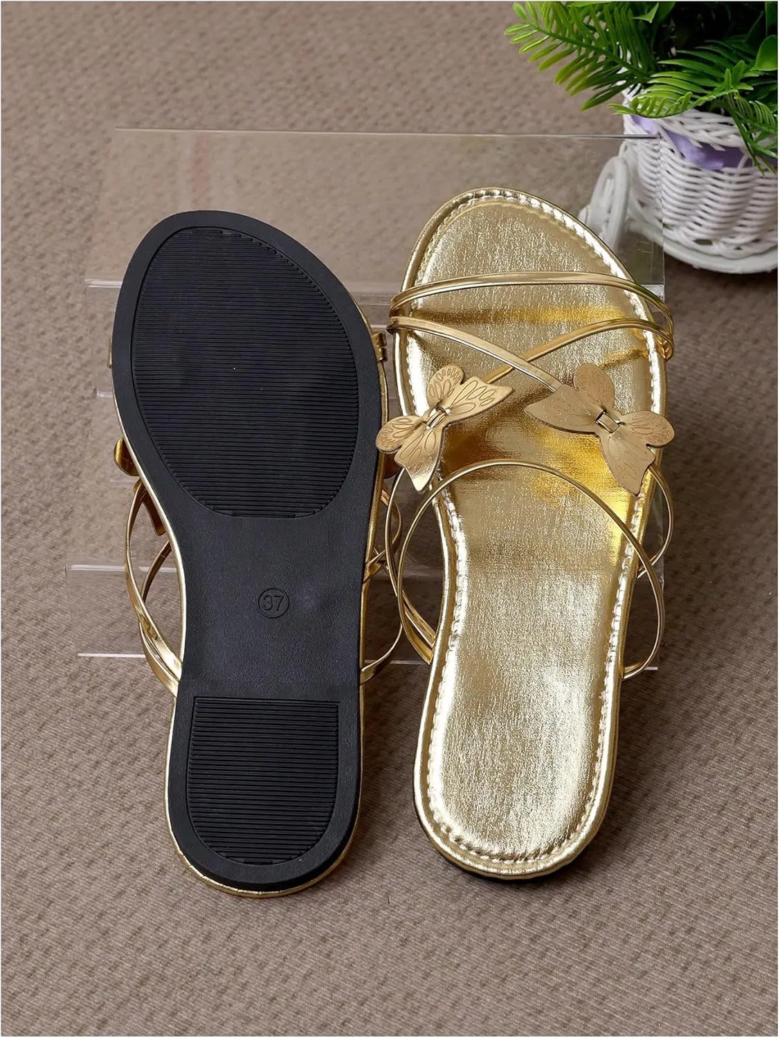 Floerns Women's Elegant Rhinestone Butterfly Transparent Elastic Strap Summer Flat Sandals