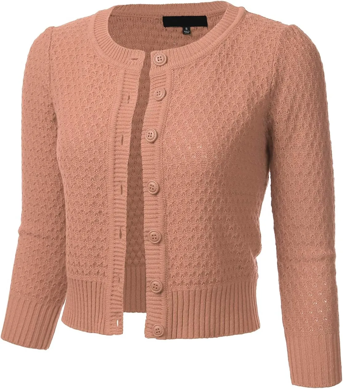 FLORIA Women's Button Down 3/4 Sleeve Crew Neck Cotton Knit Cropped Cardigan Sweater (S-3X)