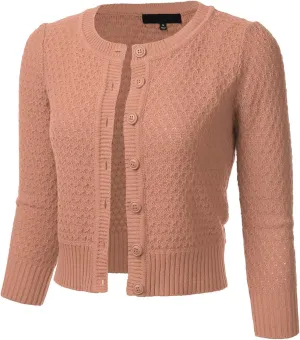 FLORIA Women's Button Down 3/4 Sleeve Crew Neck Cotton Knit Cropped Cardigan Sweater (S-3X)