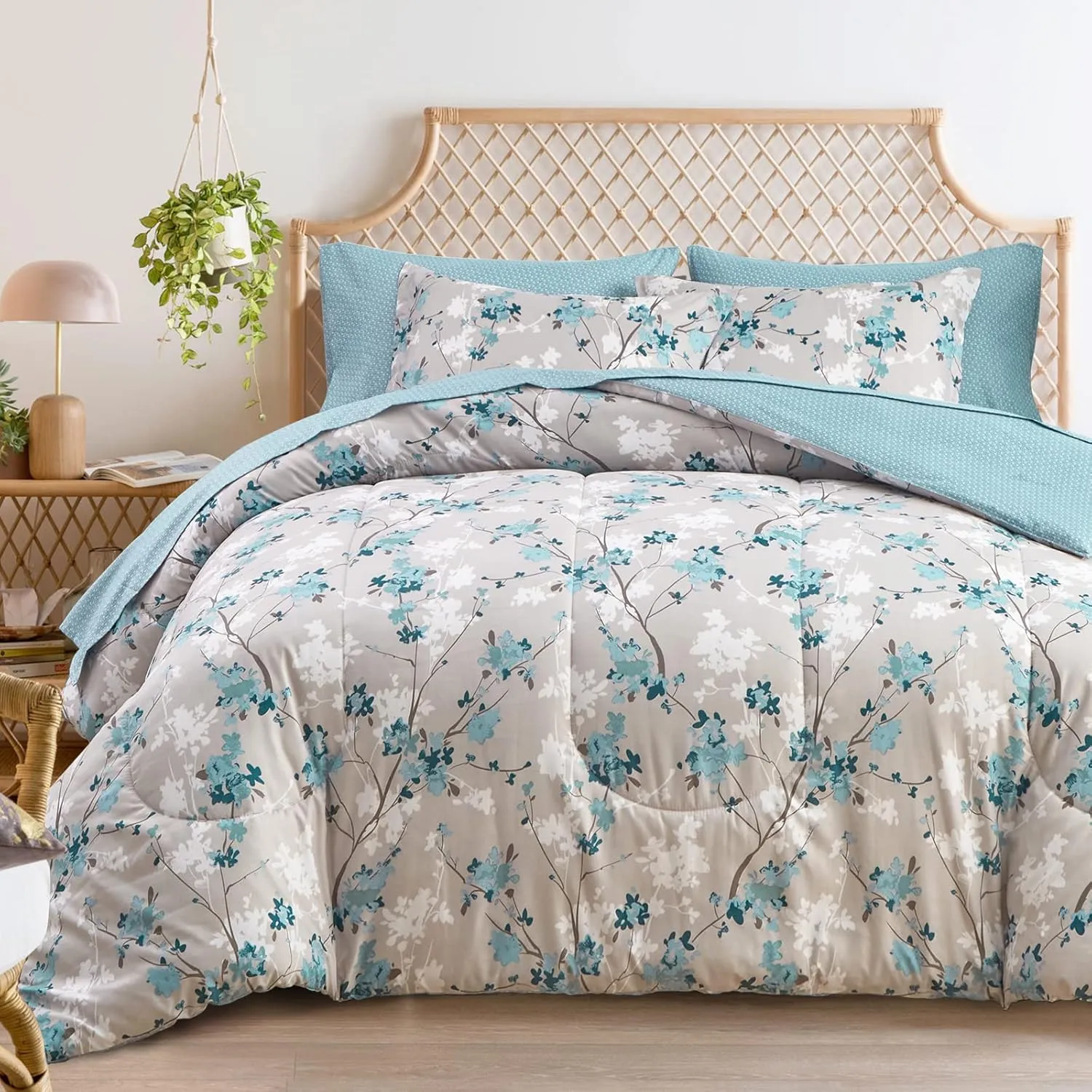 Flysheep Gray Botanical Bed in a Bag King Size 7 Pieces, Aqua Grey Leaves Elegant Floral Comforter Bedding Set All Season(1 Comforter, 1 Flat Sheet, 1 Fitted Sheet, 2 Pillow Shams and 2 Pillowcases)