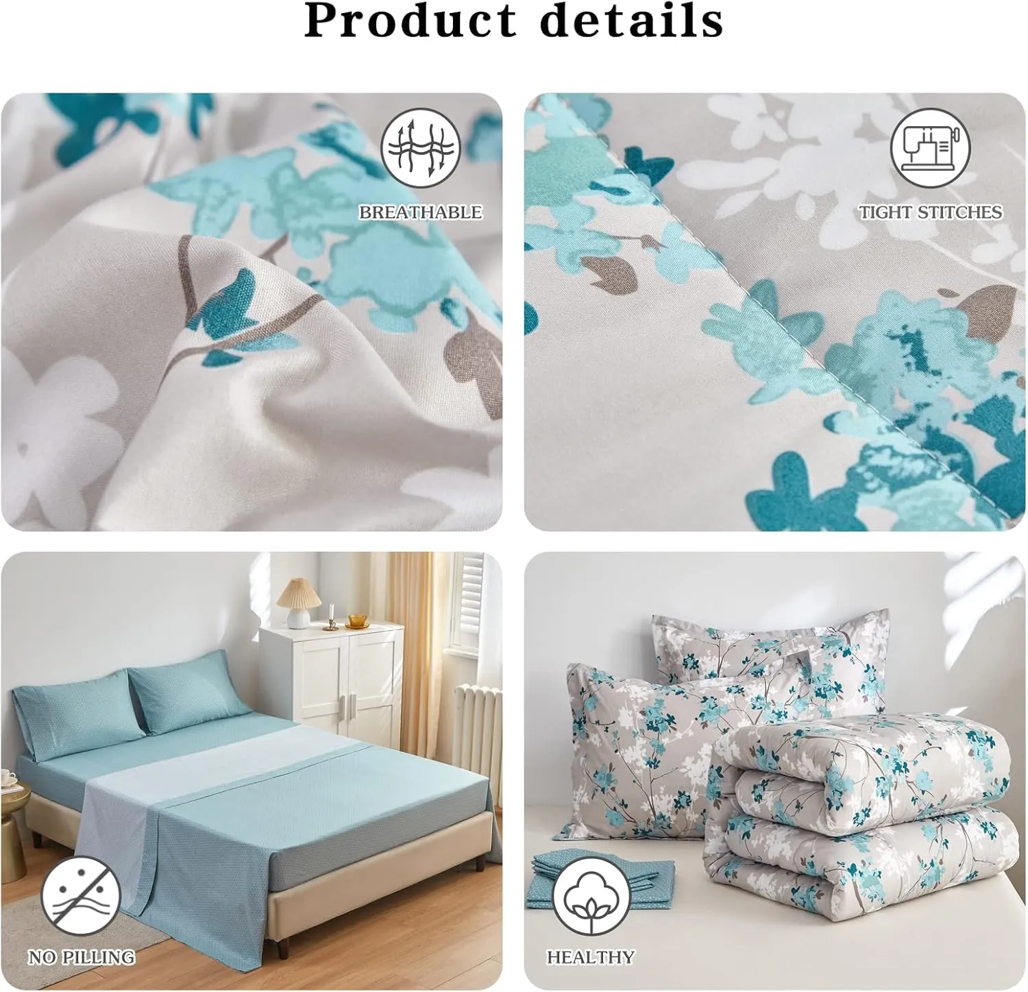 Flysheep Gray Botanical Bed in a Bag King Size 7 Pieces, Aqua Grey Leaves Elegant Floral Comforter Bedding Set All Season(1 Comforter, 1 Flat Sheet, 1 Fitted Sheet, 2 Pillow Shams and 2 Pillowcases)