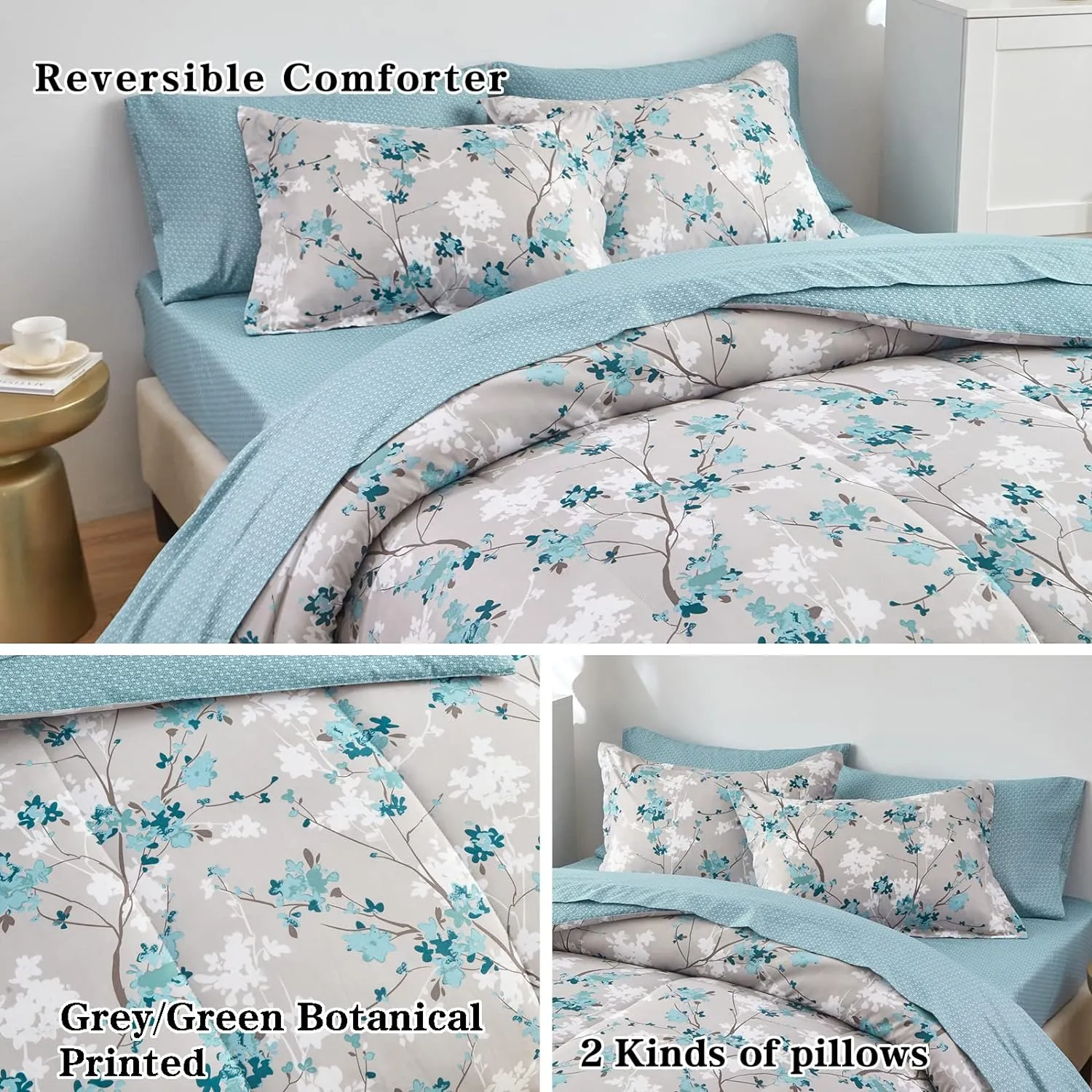 Flysheep Gray Botanical Bed in a Bag King Size 7 Pieces, Aqua Grey Leaves Elegant Floral Comforter Bedding Set All Season(1 Comforter, 1 Flat Sheet, 1 Fitted Sheet, 2 Pillow Shams and 2 Pillowcases)