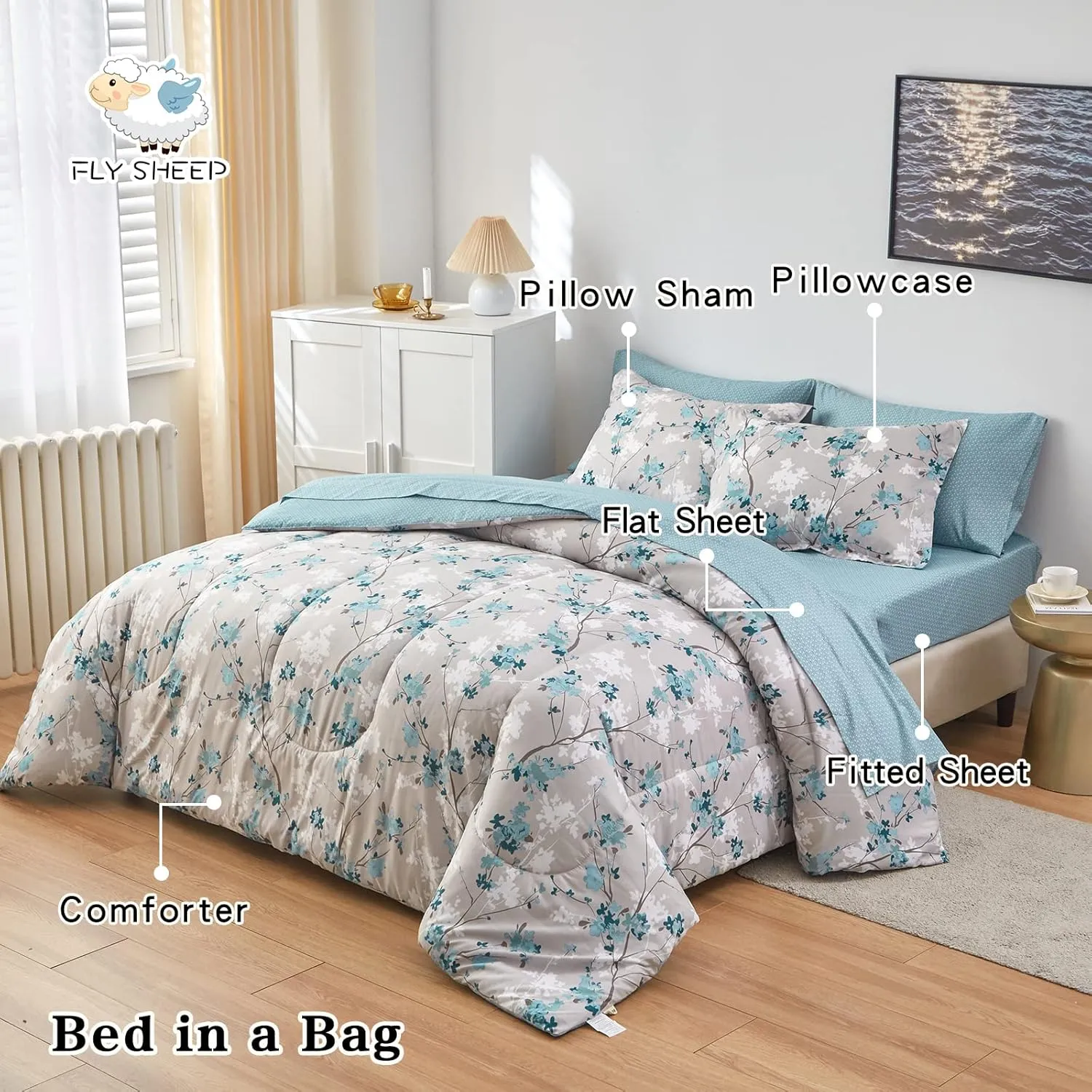 Flysheep Gray Botanical Bed in a Bag King Size 7 Pieces, Aqua Grey Leaves Elegant Floral Comforter Bedding Set All Season(1 Comforter, 1 Flat Sheet, 1 Fitted Sheet, 2 Pillow Shams and 2 Pillowcases)