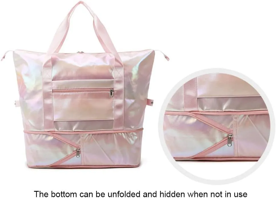 Foldable Laser Sports Duffel Bag for Women - Travel, Gym & Yoga Weekender Bag with Wet Pocket & Shoe Compartment (Yellow)(Green)