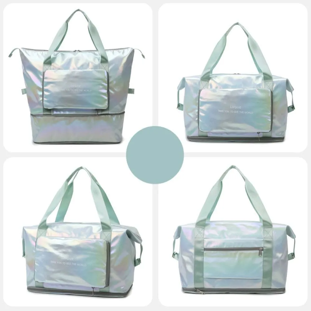 Foldable Laser Sports Duffel Bag for Women - Travel, Gym & Yoga Weekender Bag with Wet Pocket & Shoe Compartment (Yellow)(Green)