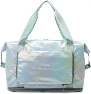 Foldable Laser Sports Duffel Bag for Women - Travel, Gym & Yoga Weekender Bag with Wet Pocket & Shoe Compartment (Yellow)(Green)