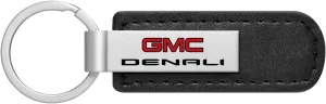 for GMC Denali Silver Metal Plate Black PU Leather Strap Key Chain Keychain, Official Licensed