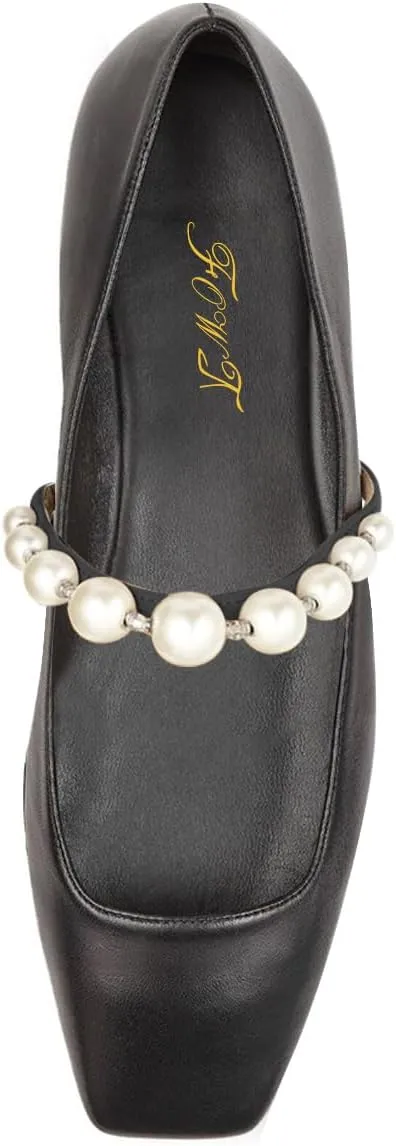 FOWT Women Square Toe Slip on Flats Pearl Studded Strap Elegant Pumps Wedding Bride Prom Dressy Shoes Size 4-15 US