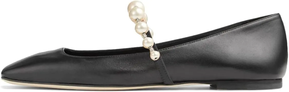 FOWT Women Square Toe Slip on Flats Pearl Studded Strap Elegant Pumps Wedding Bride Prom Dressy Shoes Size 4-15 US