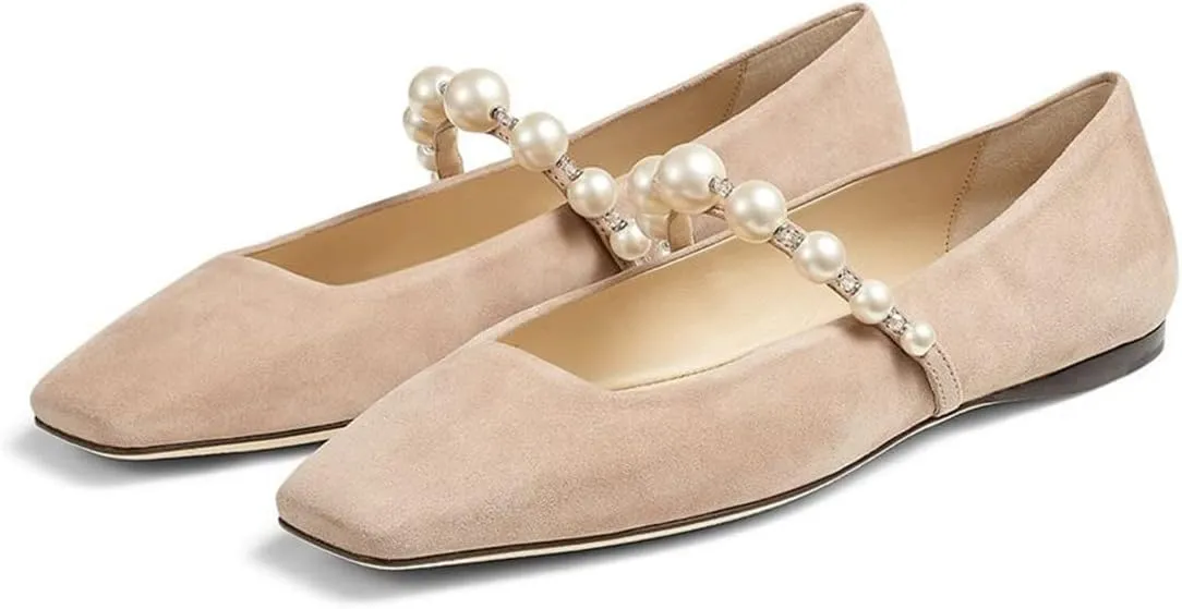 FOWT Women Square Toe Slip on Flats Pearl Studded Strap Elegant Pumps Wedding Bride Prom Dressy Shoes Size 4-15 US