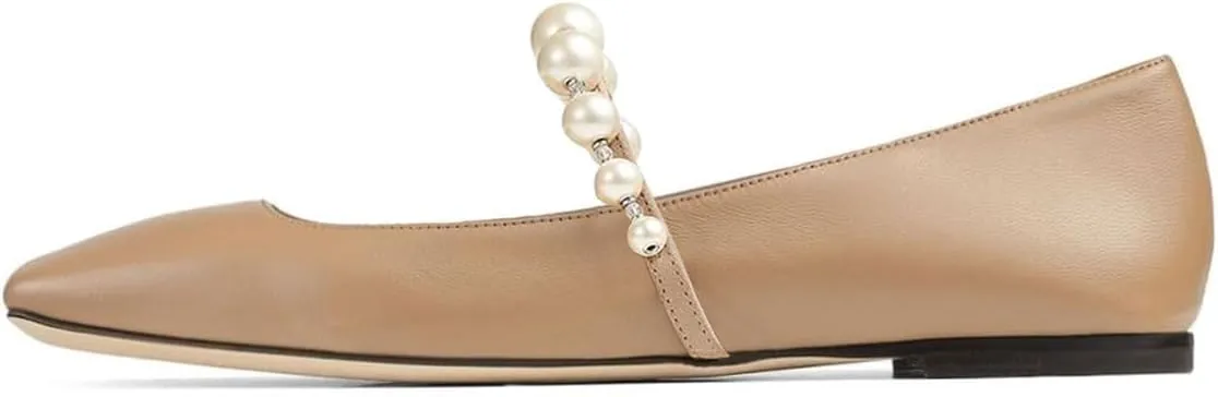 FOWT Women Square Toe Slip on Flats Pearl Studded Strap Elegant Pumps Wedding Bride Prom Dressy Shoes Size 4-15 US