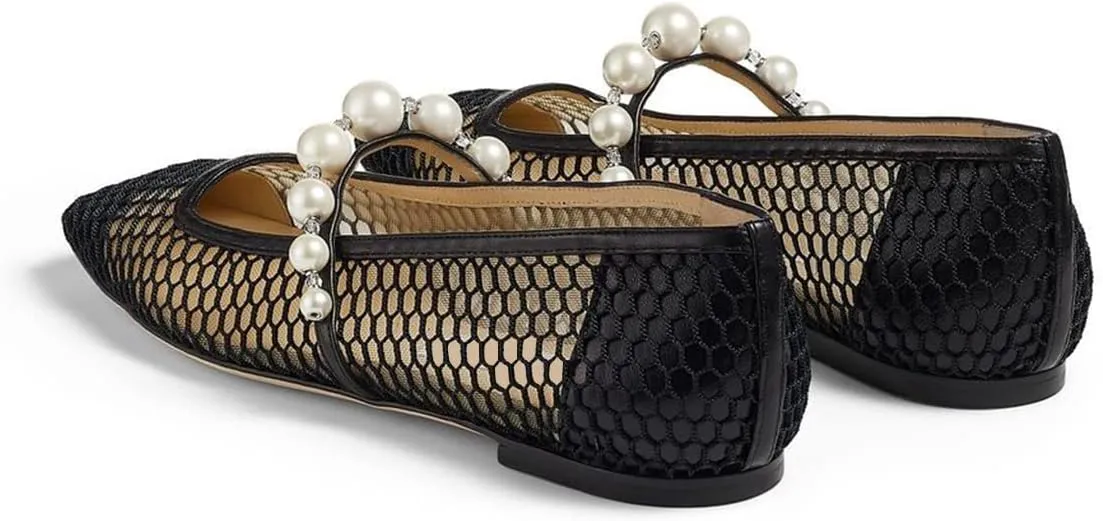 FOWT Women Square Toe Slip on Flats Pearl Studded Strap Elegant Pumps Wedding Bride Prom Dressy Shoes Size 4-15 US