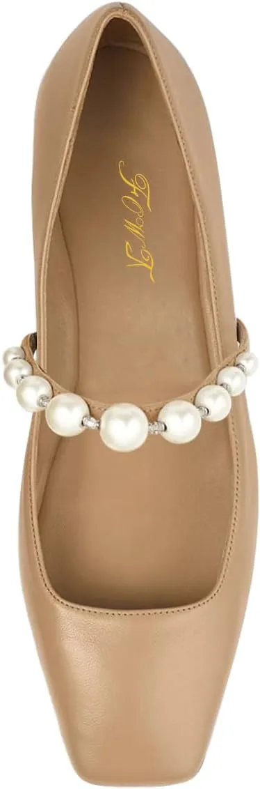 FOWT Women Square Toe Slip on Flats Pearl Studded Strap Elegant Pumps Wedding Bride Prom Dressy Shoes Size 4-15 US