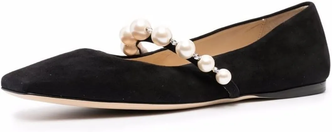 FOWT Women Square Toe Slip on Flats Pearl Studded Strap Elegant Pumps Wedding Bride Prom Dressy Shoes Size 4-15 US