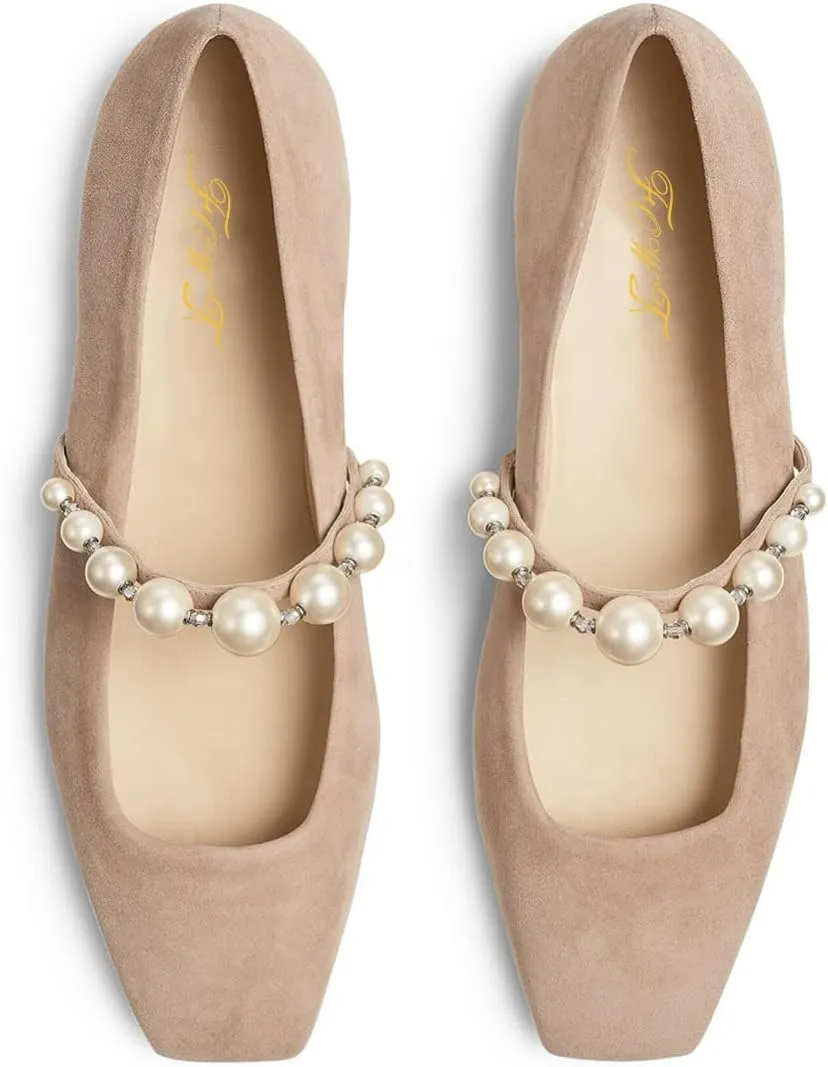 FOWT Women Square Toe Slip on Flats Pearl Studded Strap Elegant Pumps Wedding Bride Prom Dressy Shoes Size 4-15 US