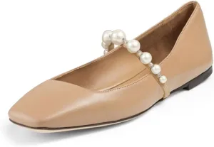 FOWT Women Square Toe Slip on Flats Pearl Studded Strap Elegant Pumps Wedding Bride Prom Dressy Shoes Size 4-15 US