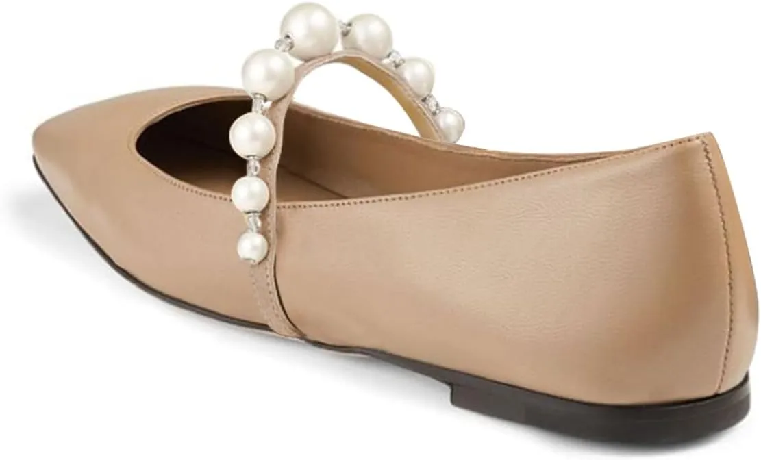 FOWT Women Square Toe Slip on Flats Pearl Studded Strap Elegant Pumps Wedding Bride Prom Dressy Shoes Size 4-15 US