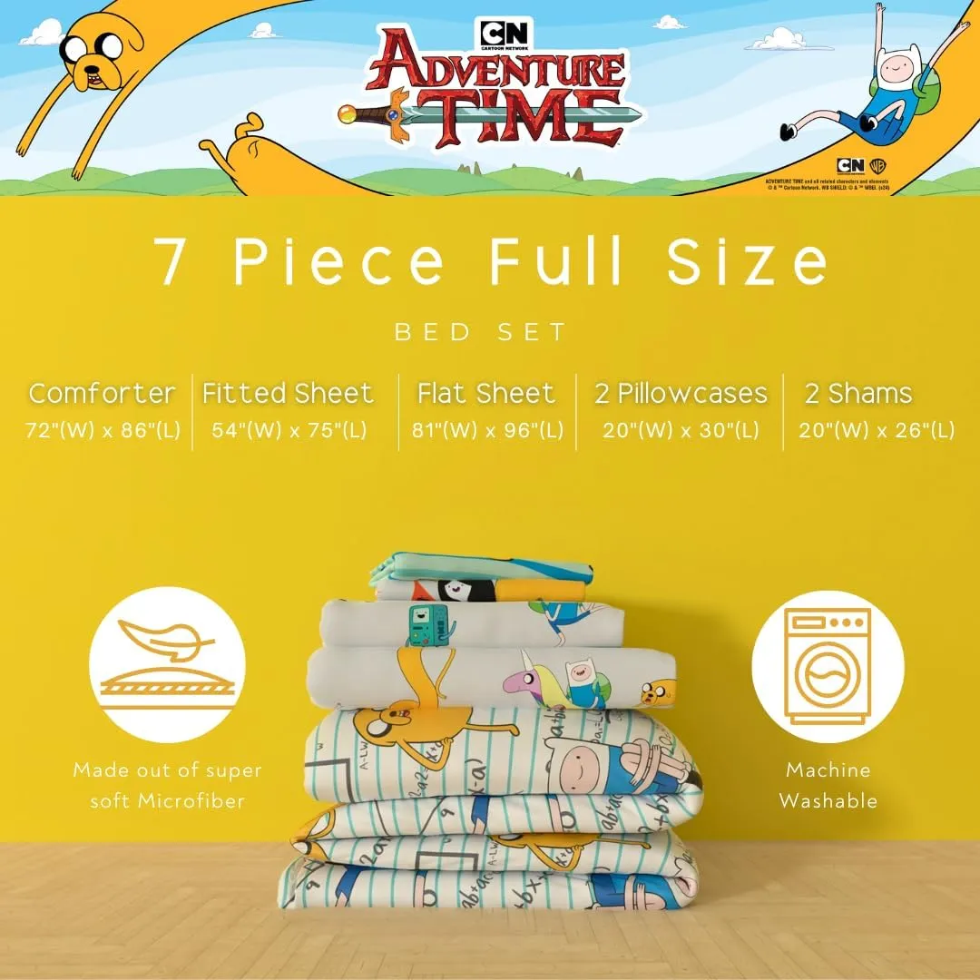 Franco Adventure Time Finn & Jake Bedding 7 Piece Super Soft Cozy Reversible Comforter and Sheet Set with Sham, Full, (Officially Licensed Product)