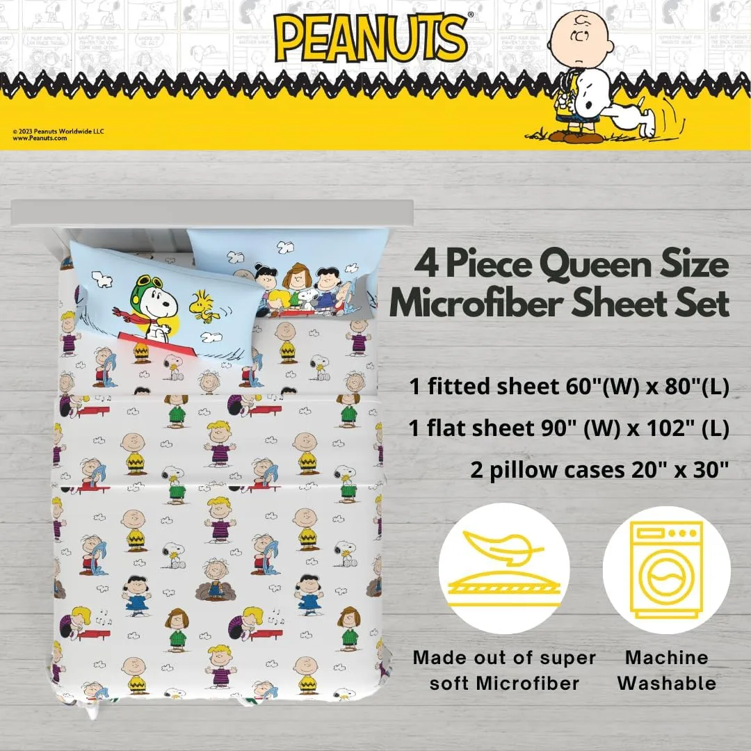Franco Collectibles Peanuts Snoopy Bedding Super Soft Cozy Microfiber 4 Piece Queen Sheet Set, (Officially Licensed Product)
