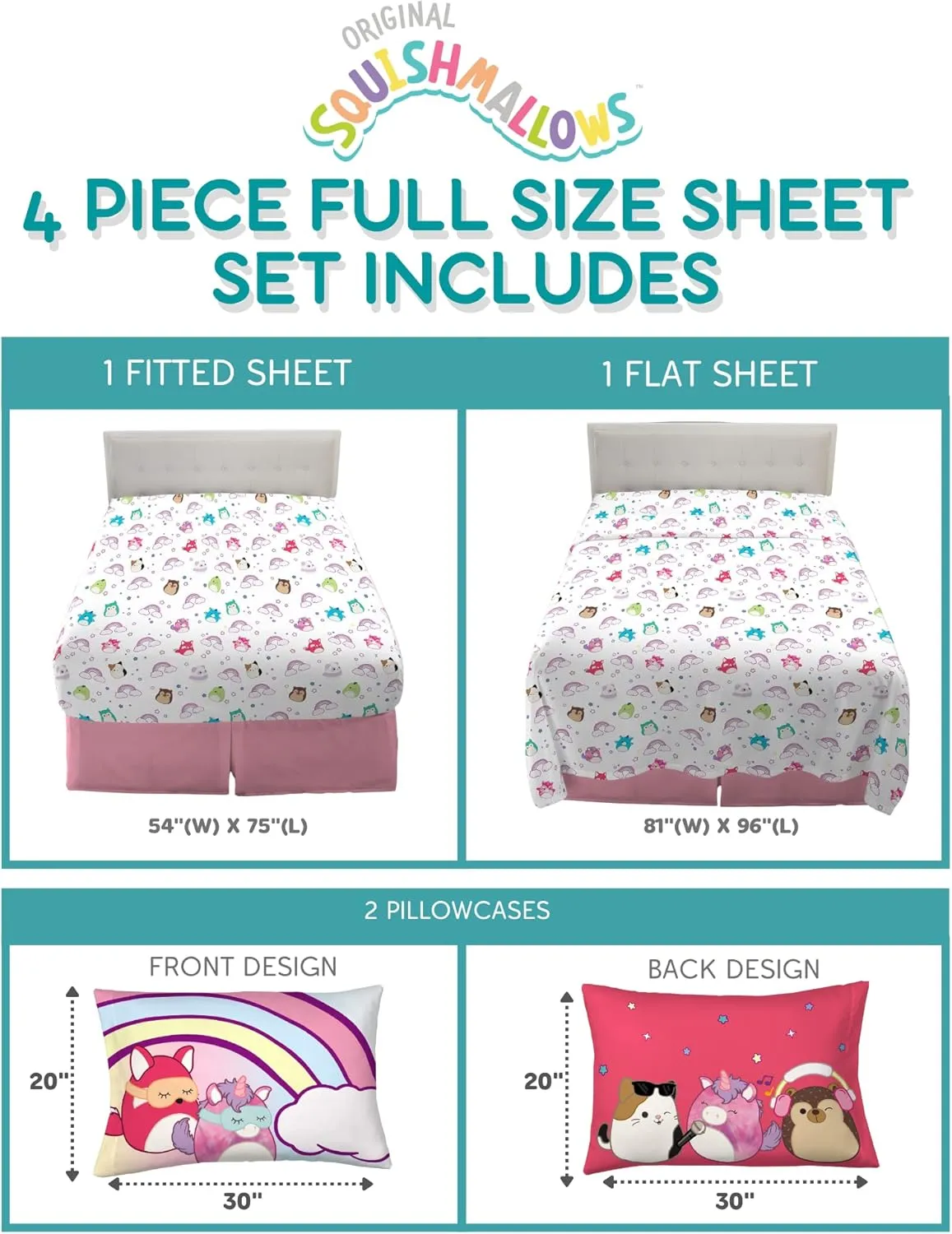 Franco Squishmallows Bedding Super Soft Microfiber Sheet Set,4 pcs, Full