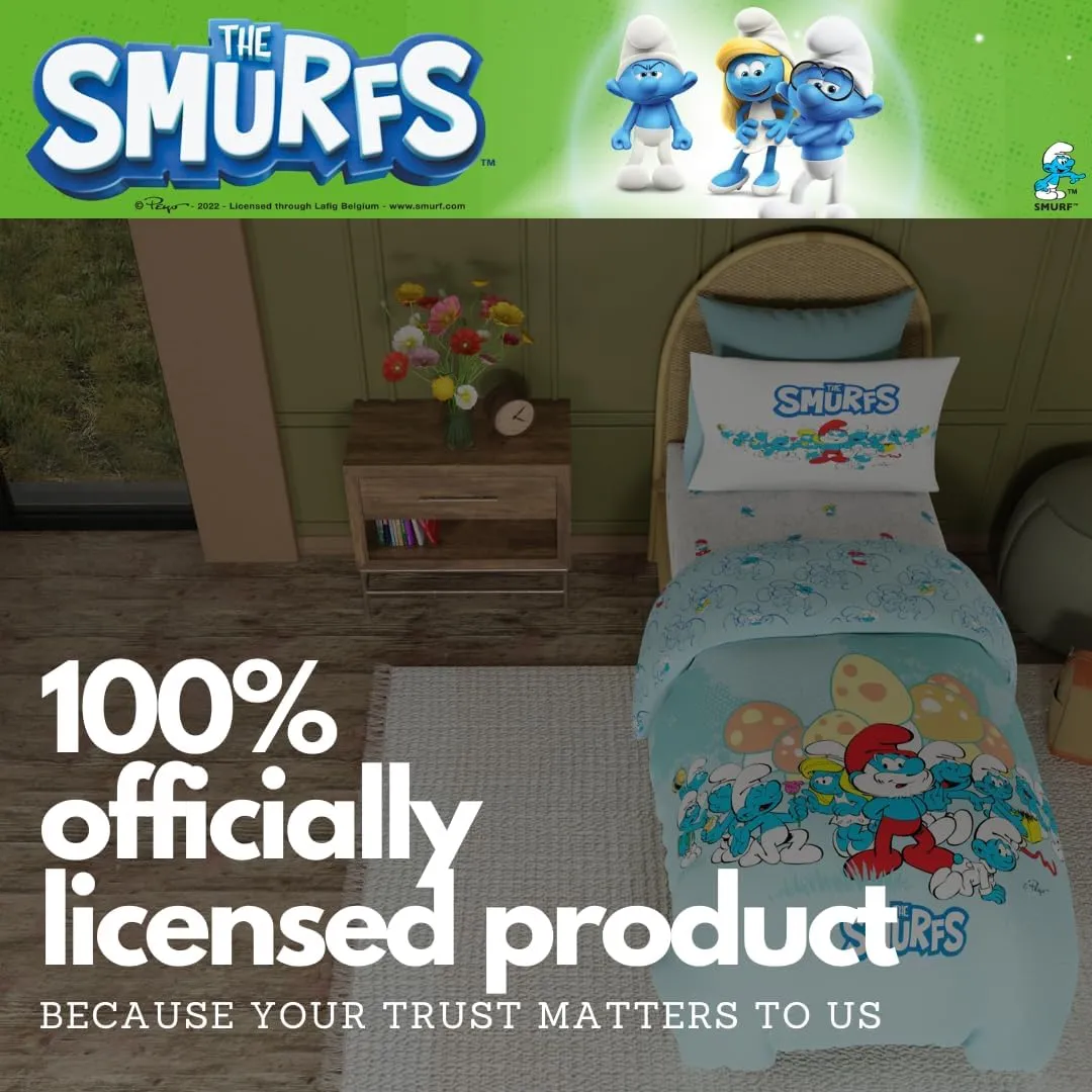 Franco The Smurfs Kids Bedding Super Soft Cozy Reversible Comforter and Sheet Set, 4 Piece Twin Size, (Officially Licensed Product)