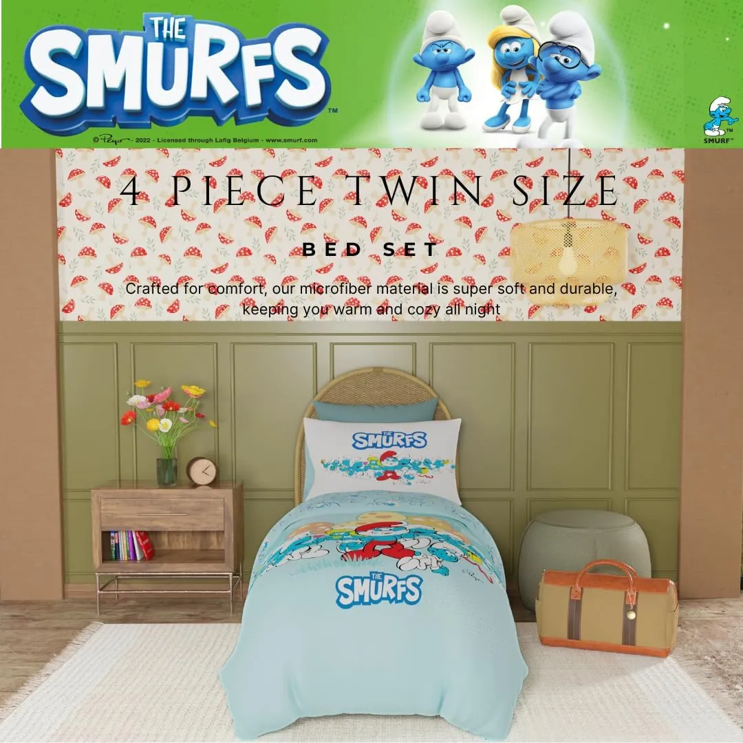 Franco The Smurfs Kids Bedding Super Soft Cozy Reversible Comforter and Sheet Set, 4 Piece Twin Size, (Officially Licensed Product)