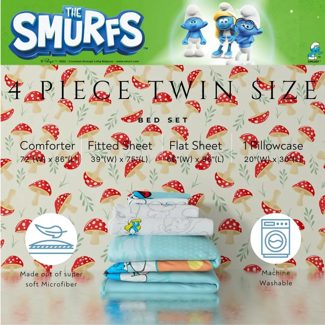 Franco The Smurfs Kids Bedding Super Soft Cozy Reversible Comforter and Sheet Set, 4 Piece Twin Size, (Officially Licensed Product)