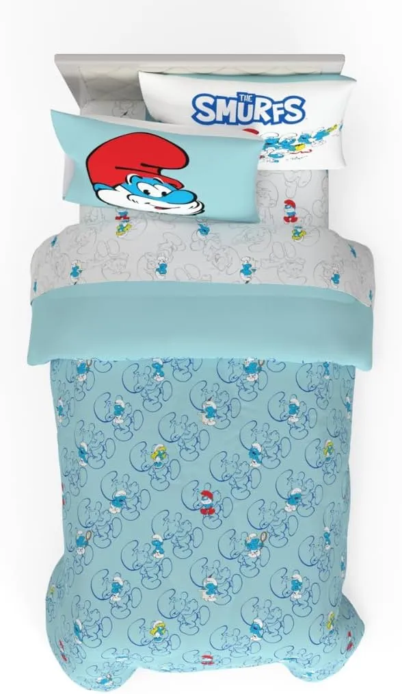 Franco The Smurfs Kids Bedding Super Soft Cozy Reversible Comforter and Sheet Set, 4 Piece Twin Size, (Officially Licensed Product)