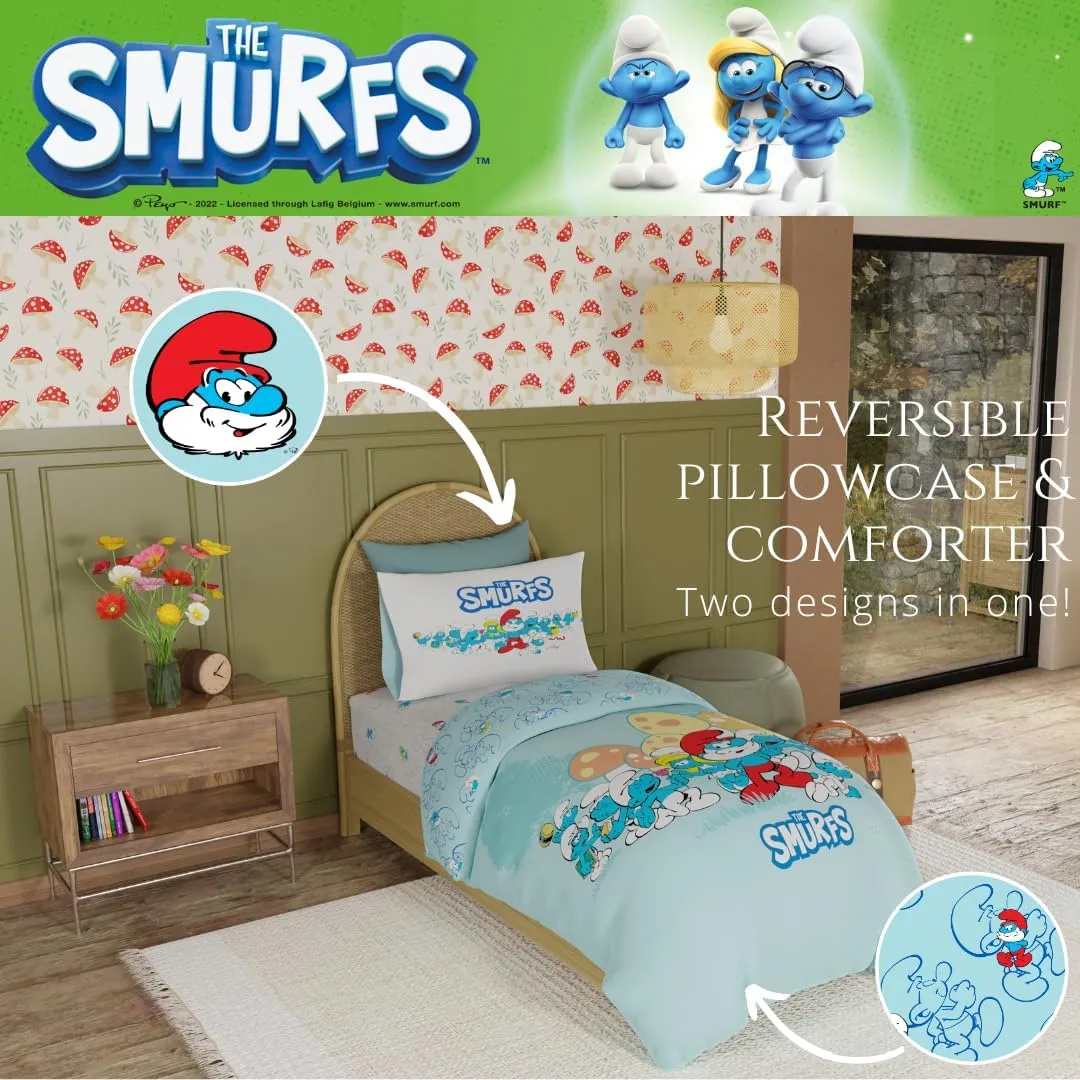 Franco The Smurfs Kids Bedding Super Soft Cozy Reversible Comforter and Sheet Set, 4 Piece Twin Size, (Officially Licensed Product)