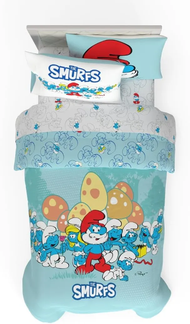 Franco The Smurfs Kids Bedding Super Soft Cozy Reversible Comforter and Sheet Set, 4 Piece Twin Size, (Officially Licensed Product)