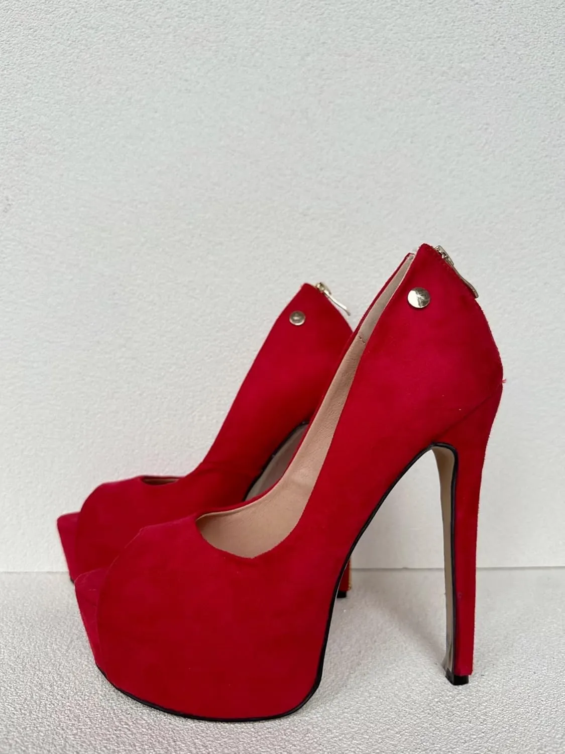 Frankie Hsu Ladies Man Sexy Platform Stiletto High Heeled Pumps, Classic Red Suede Gold Zip, Big Large Size US4-19 Dressy Dating Shoes for Women Men