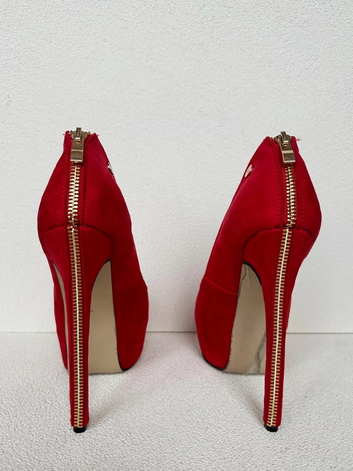 Frankie Hsu Ladies Man Sexy Platform Stiletto High Heeled Pumps, Classic Red Suede Gold Zip, Big Large Size US4-19 Dressy Dating Shoes for Women Men