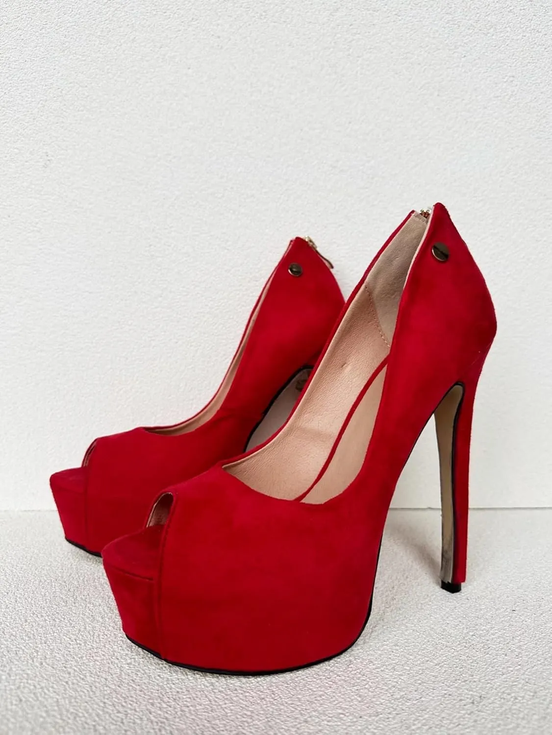 Frankie Hsu Ladies Man Sexy Platform Stiletto High Heeled Pumps, Classic Red Suede Gold Zip, Big Large Size US4-19 Dressy Dating Shoes for Women Men