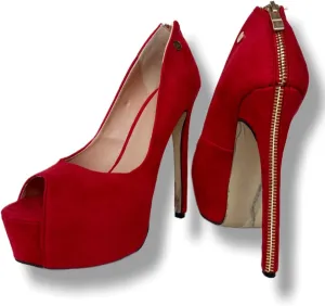 Frankie Hsu Ladies Man Sexy Platform Stiletto High Heeled Pumps, Classic Red Suede Gold Zip, Big Large Size US4-19 Dressy Dating Shoes for Women Men