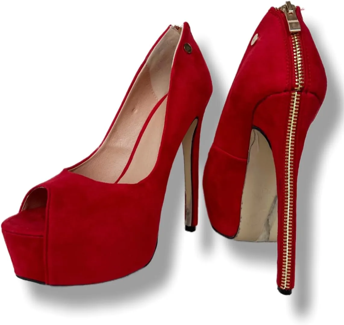 Frankie Hsu Ladies Man Sexy Platform Stiletto High Heeled Pumps, Classic Red Suede Gold Zip, Big Large Size US4-19 Dressy Dating Shoes for Women Men