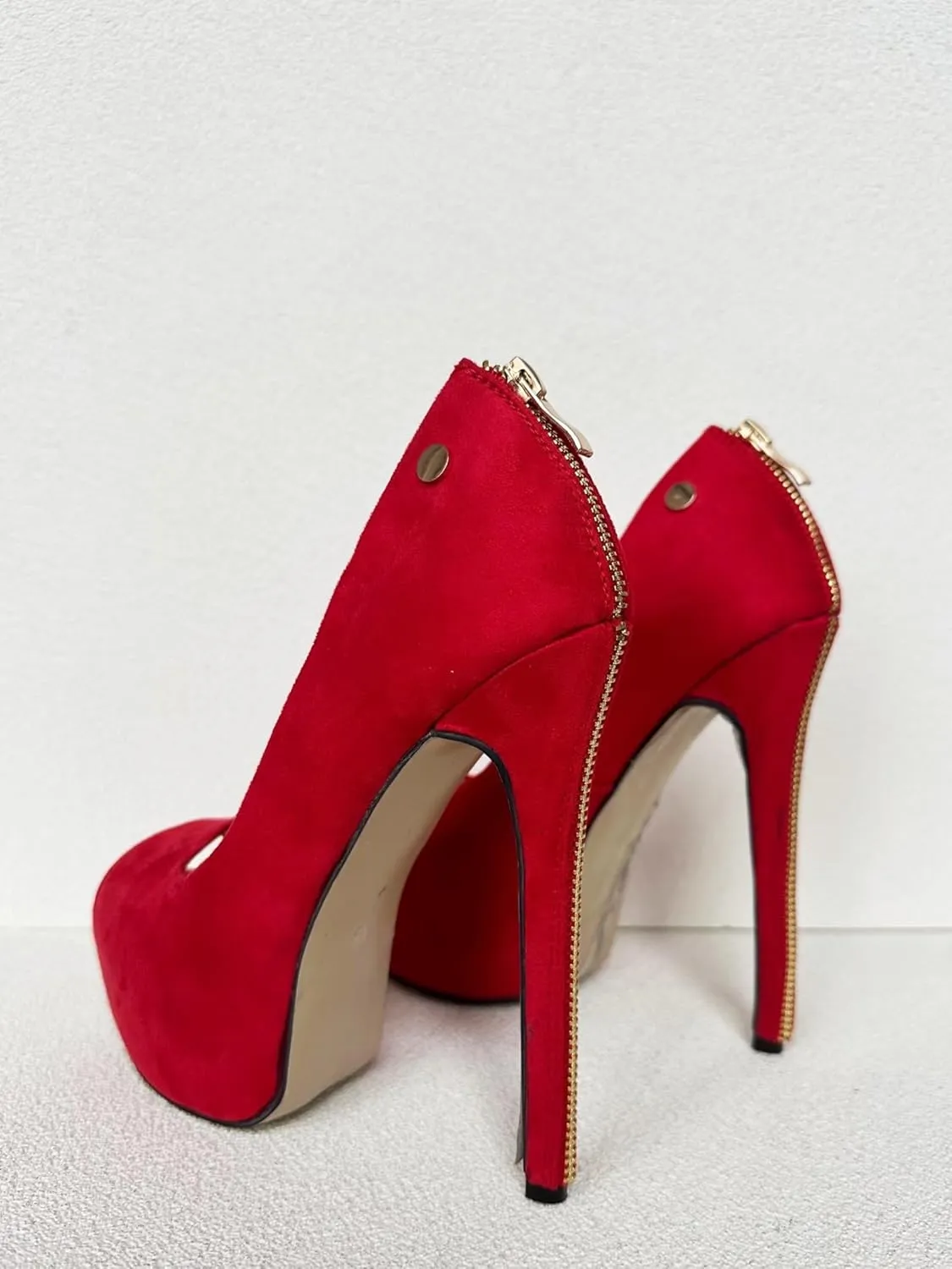 Frankie Hsu Ladies Man Sexy Platform Stiletto High Heeled Pumps, Classic Red Suede Gold Zip, Big Large Size US4-19 Dressy Dating Shoes for Women Men