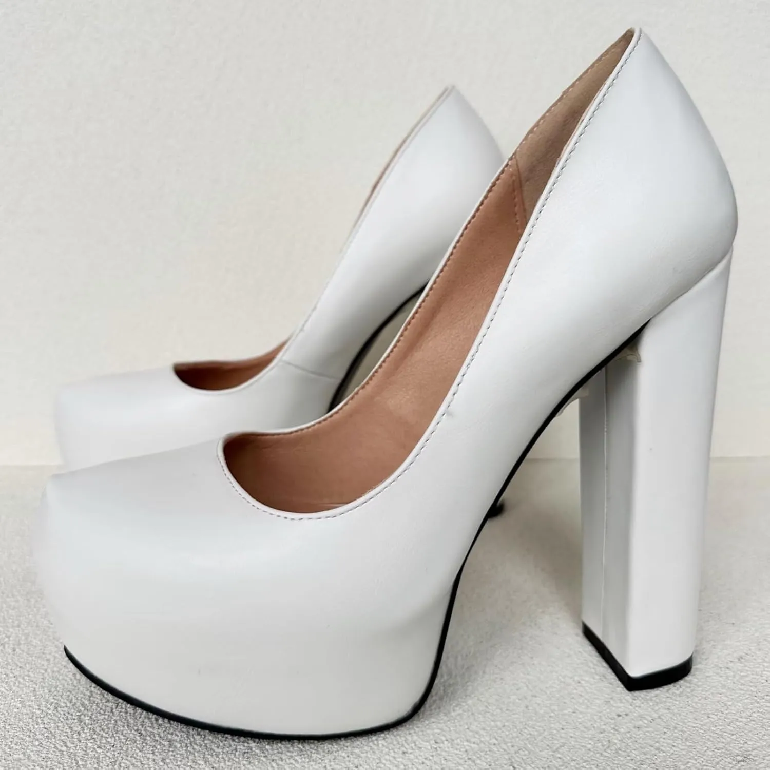 Frankie Hsu Sexy Chunky Block Suede Platform High Heeled Pumps, Classic Office Lady Fashion Style, Big Large Size Dressy Shoes for Women Men