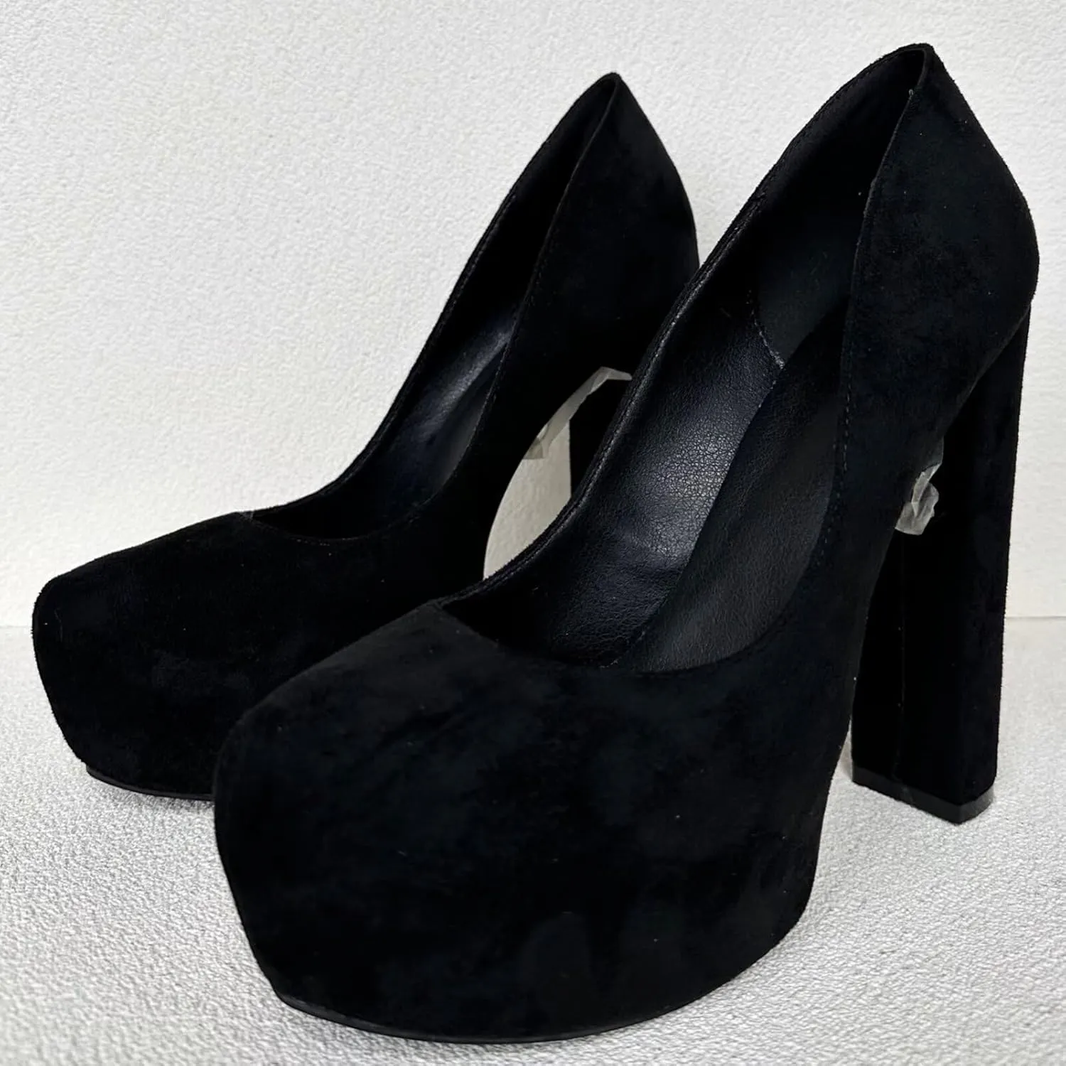 Frankie Hsu Sexy Chunky Block Suede Platform High Heeled Pumps, Classic Office Lady Fashion Style, Big Large Size Dressy Shoes for Women Men